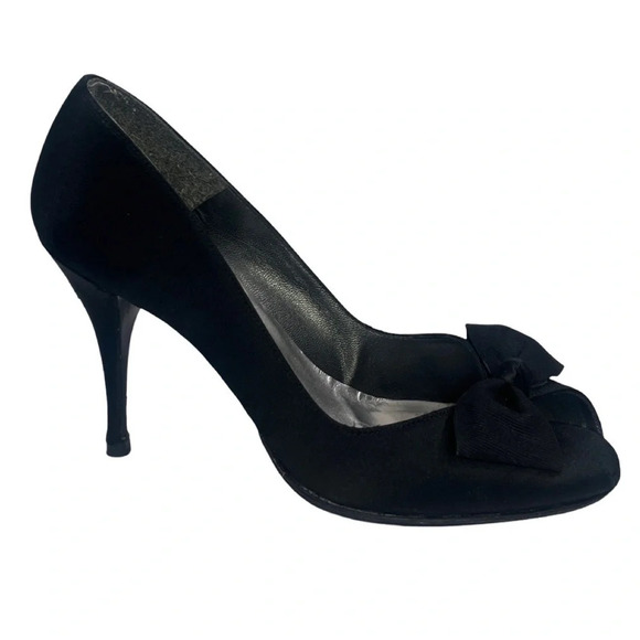 Stuart Weitzman Satin Open  Peep Toe High Heels Bow Accents | Black | Siz… - Picture 8 of 16